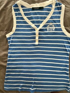 Ralph Lauren Blue & White Striped Sleeveless Henley Tank with Crest